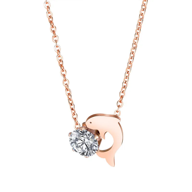 Dolphin CZ Rose Pendant Necklace Stainless Steel Chain Jewelry