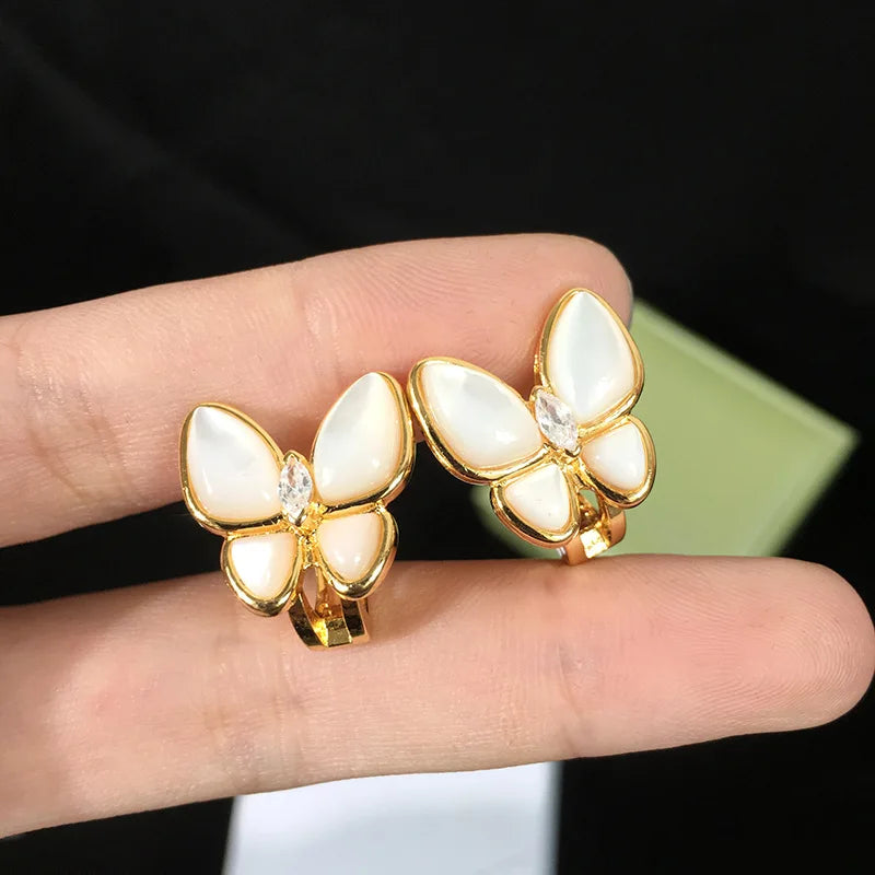 Butterfly CZ Shell Earrings Micro Mosaic Ear Clip Jewelry