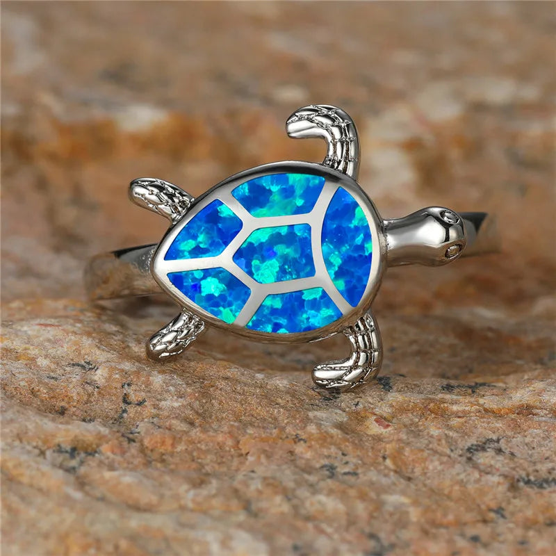Fire Opal Stone Ring Silver Turtle Ring Jewelry