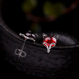 Green Red Jade Fox Stud Earrings 925 Silver