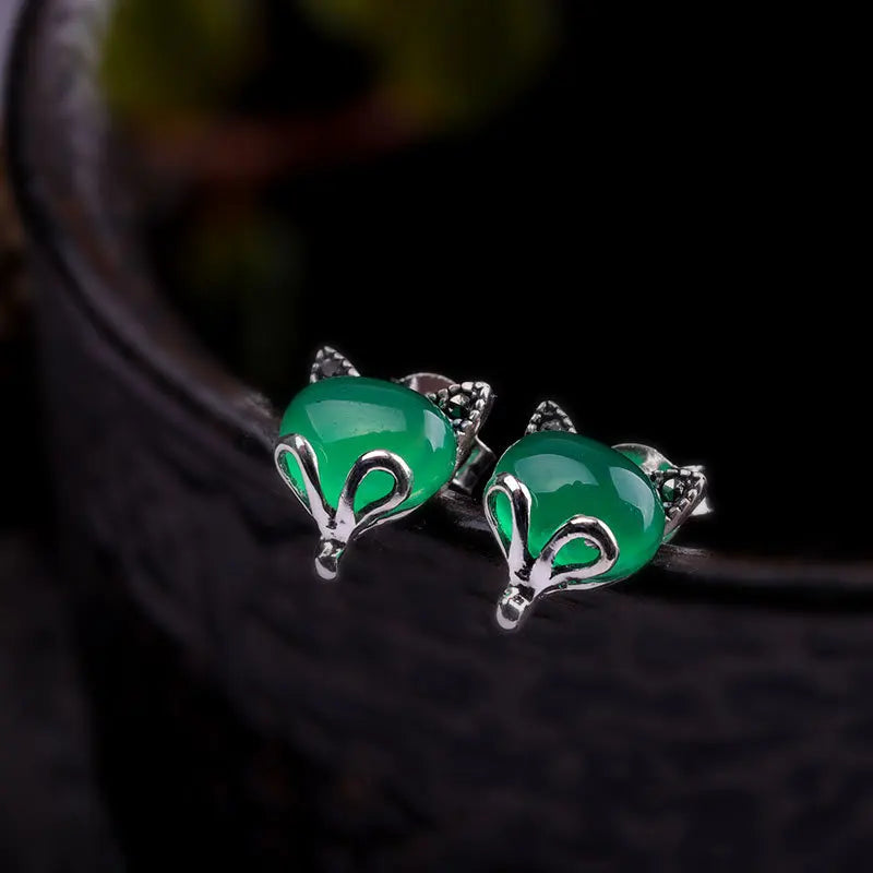 Green Red Jade Fox Stud Earrings 925 Silver