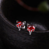 Green Red Jade Fox Stud Earrings 925 Silver