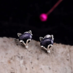 Green Red Jade Fox Stud Earrings 925 Silver