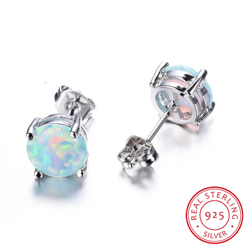 Fire Opal Stud Earrings 925 Sterling Silver Minimalist Small Round Earrings