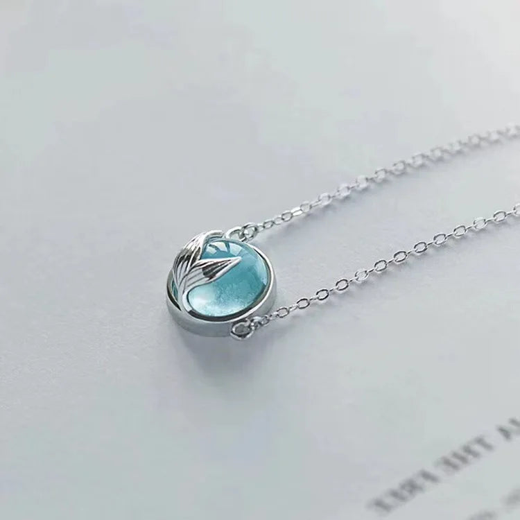 Crystal Moonstone Pendant Necklace 925 Sterling Silver Chain Women Mermaid Tail