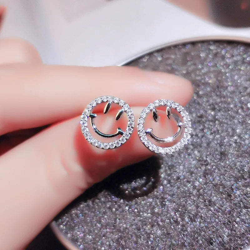 Smiling Face Small Earrings 925 Silver Prevent Allergy Crystal Jewelry