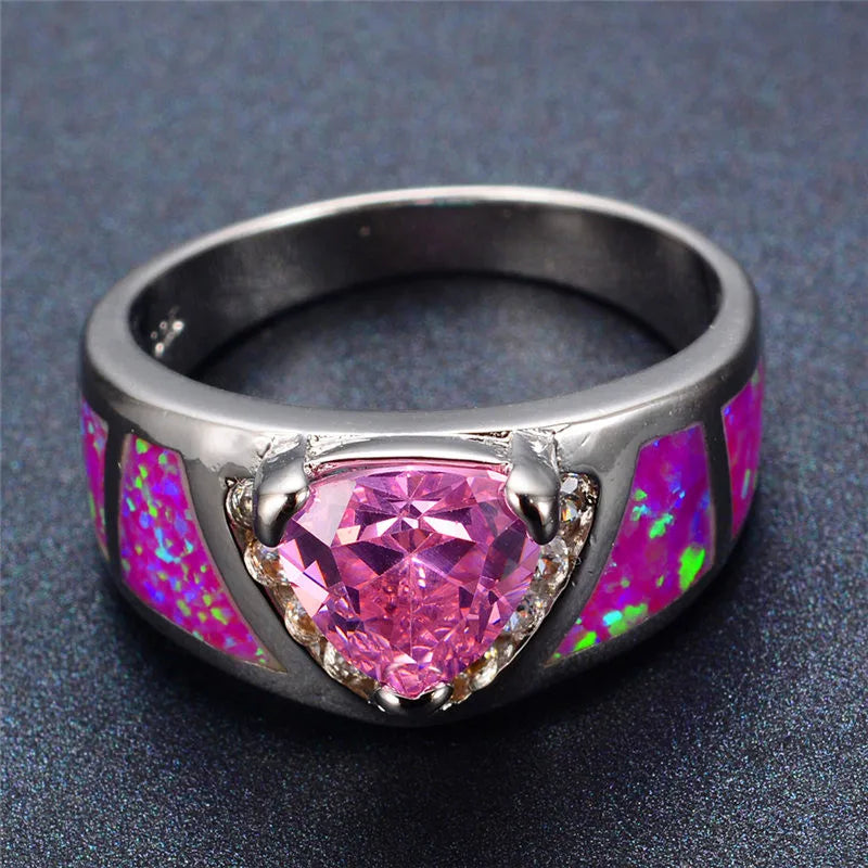 Pink Fire Opal Ring Silver Triangle Wedding Band Engagement Promise Ring