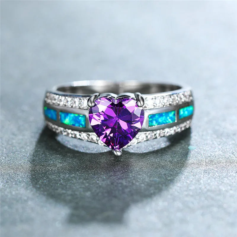 Female Purple Love Heart Ring Silver Wedding Rings For Women
