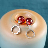 Ruby Red Drop Earrings Sterling Silver Crystal Round Dangle Earrings