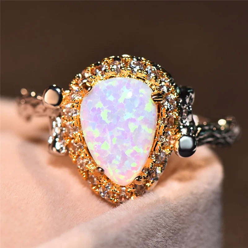 Female Fire Opal Ring Boho Leaf Ring Vintage Wedding Engagement Rings