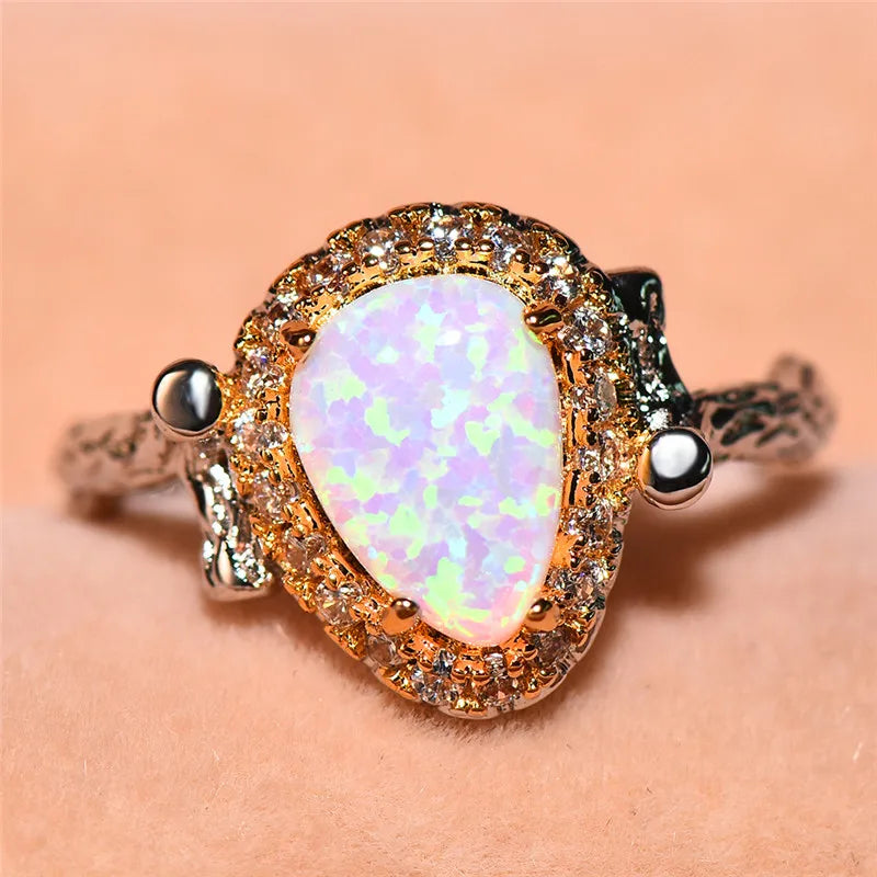Female Fire Opal Ring Boho Leaf Ring Vintage Wedding Engagement Rings