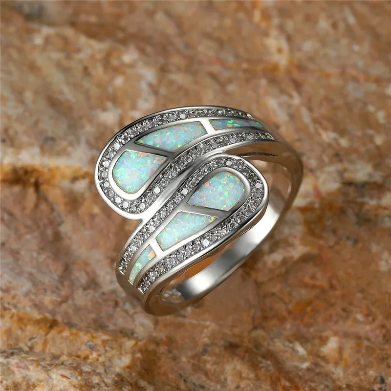 Fire Opal Stone Ring Vintage Silver Boho Wedding Engagement Ring