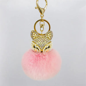 Fox Key Chain Rabbit Fur Pompom Ball Rhinestone Bag Pendant