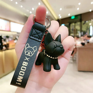 French Bulldog Keychain PU Leather Rope Key Ring Punk Style Pendant