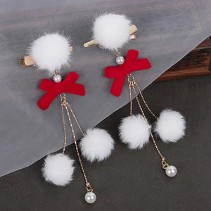 Rabbit Hair Clips with Pompon Hanfu Hairgrip