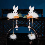 Rabbit Hair Clips with Pompon Hanfu Hairgrip