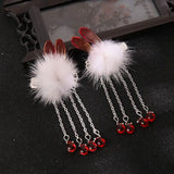 Girls Hanfu Winter Pompon Hair Clips Red Hairpin Gift