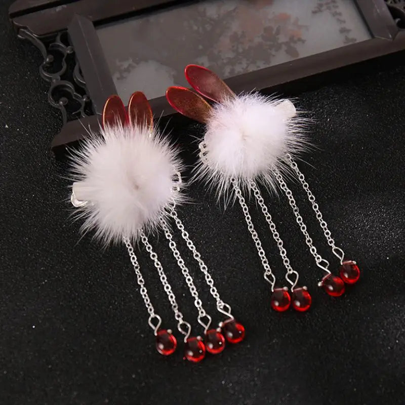 Girls Hanfu Winter Pompon Hair Clips Red Hairpin Gift