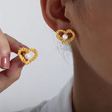 Stainless Steel Heart Earrings Glass Beads Ear Studs