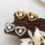 Stainless Steel Heart Earrings Glass Beads Ear Studs