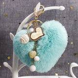 Heart Pompom Keychain Charms Pearl Tassel Fluffy Faux Rabbit Fur Key Chains