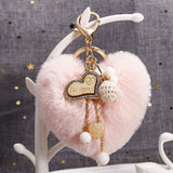 Heart Pompom Keychain Charms Pearl Tassel Fluffy Faux Rabbit Fur Key Chains