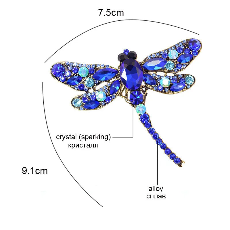 Vintage Crystal Dragonfly Brooch Large Insect Pin Women Dress Coat Gift