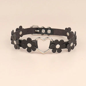 Leather Flower Collar Necklace Metal Heart Link Leather Band Collar