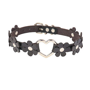 Leather Flower Collar Necklace Metal Heart Link Leather Band Collar