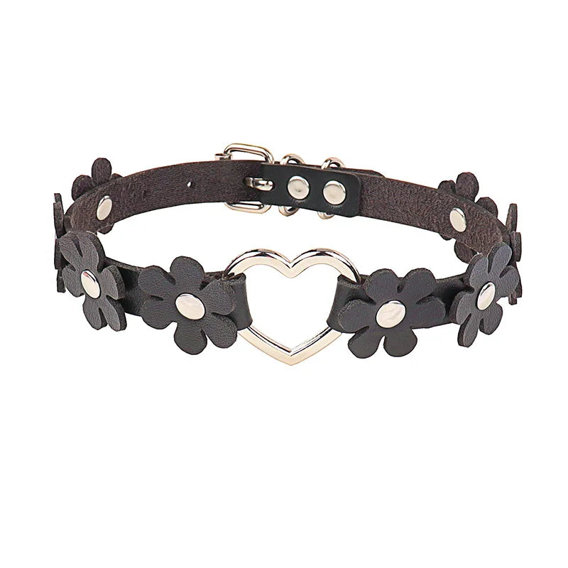 Leather Flower Collar Necklace Metal Heart Link Leather Band Collar