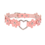 Leather Flower Collar Necklace Metal Heart Link Leather Band Collar