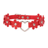 Leather Flower Collar Necklace Metal Heart Link Leather Band Collar