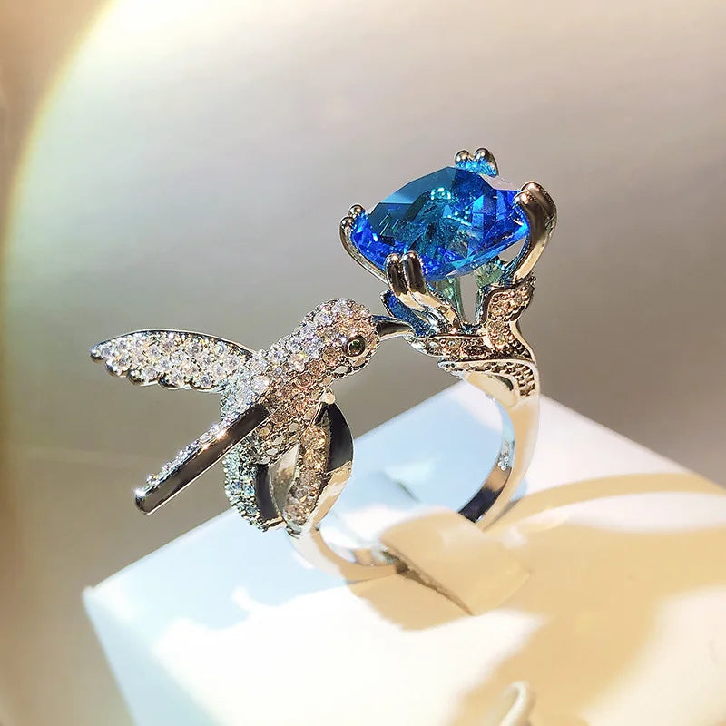 Little Bird Ring Silver Big CZ Women Wedding Cocktail Jewelry