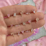 Lovely Girl Stud Rose Colors Pink Stone Candy Ice Cream Juice 5PCS Set