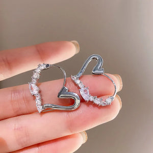 Rhinestone Heart Earrings 925 Silver CZ Stud Wedding Jewelry
