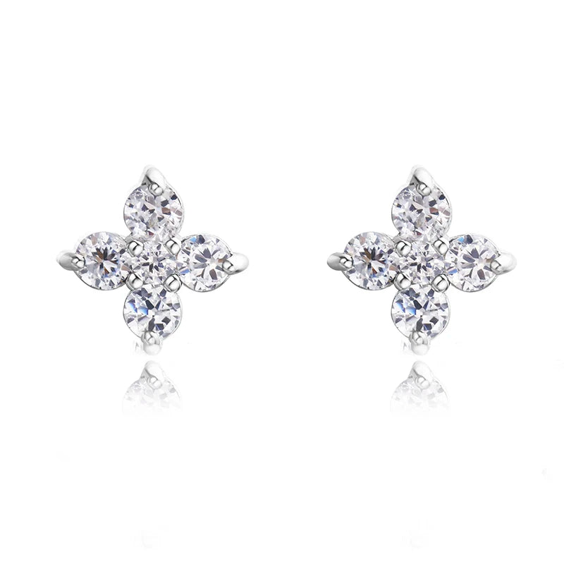 925 Silver Flower CZ Stud Earrings For Women Girls Kids