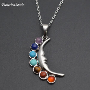 Metal Moon 7 Stone Cabochons Chakra Pendant Necklace