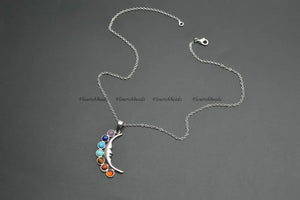 Metal Moon 7 Stone Cabochons Chakra Pendant Necklace