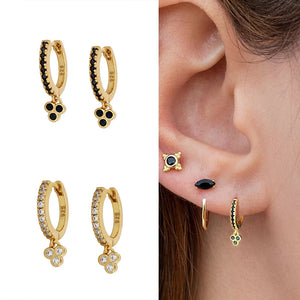 925 Silver Crystal CZ Hoop Earring Black/White Pendant Circle Ear Buckle