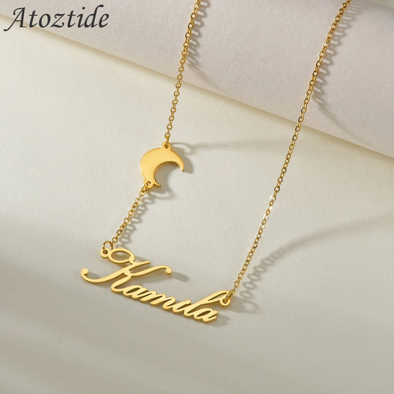 Moon Nameplate Pendant Necklace Stainless Steel Chain for Women