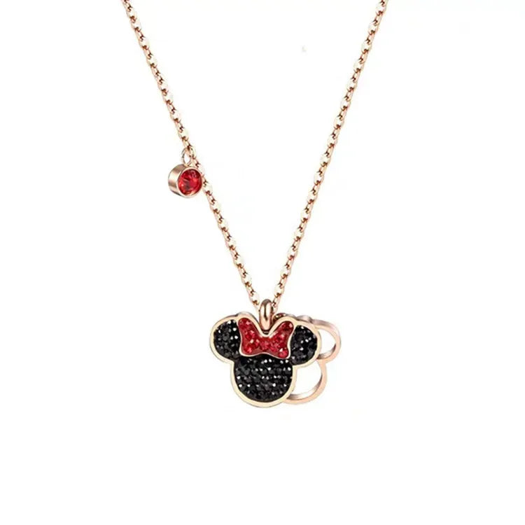 Mouse Necklace Women Bow Titanium Steel Pendant Crystals Cartoon Charm Jewelry
