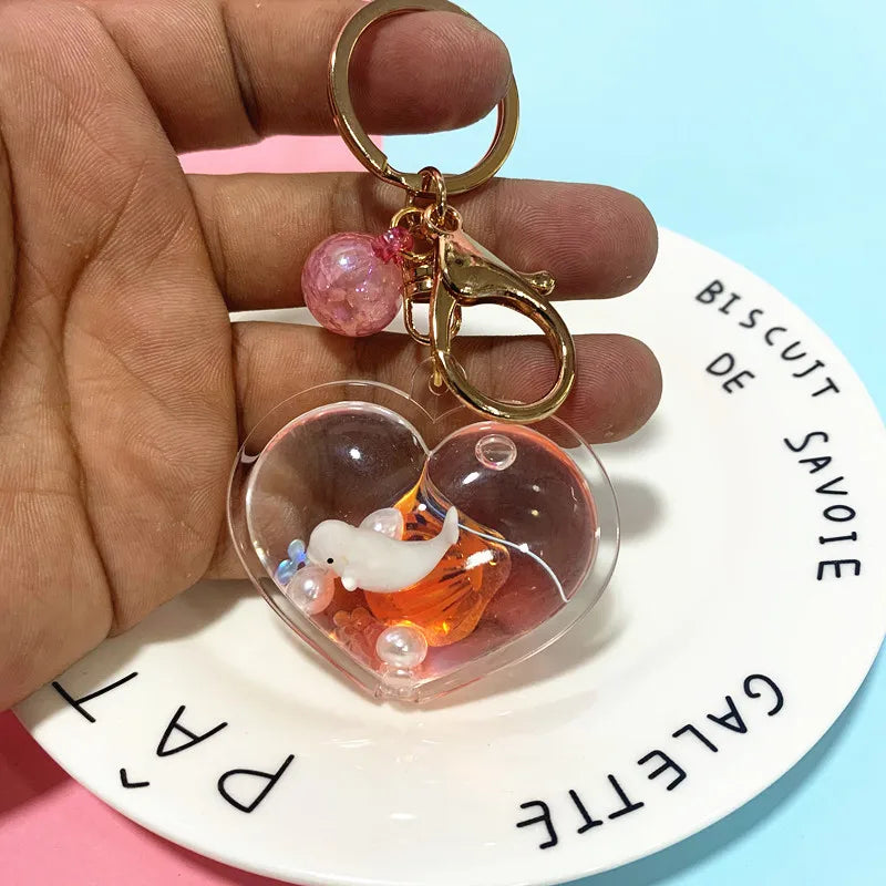 Ocean Animal Doll Liquid Keychain Heart Shape Moving Liquid Keyring
