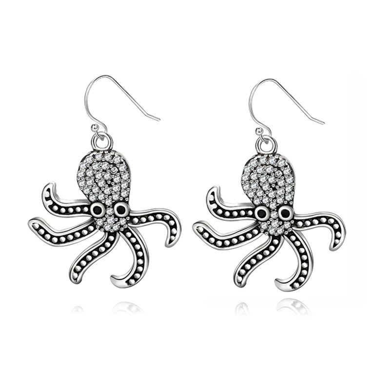 Octopus Earrings with Zircon 925 Sterling Silver Drop Earrings for Women