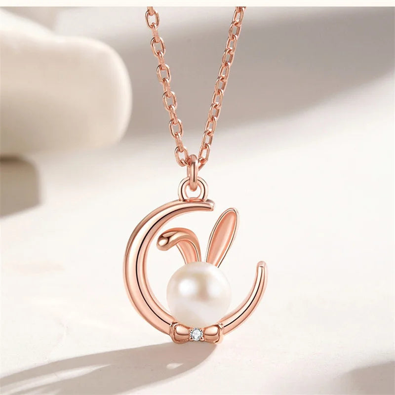 Sterling Silver Rabbit Moon Pendant Necklace for Ladies