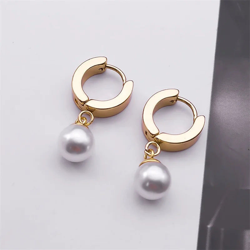 Pearl Studs Hoop Earrings Stainless Steel Minimalist Tiny Hoops Wedding Gift