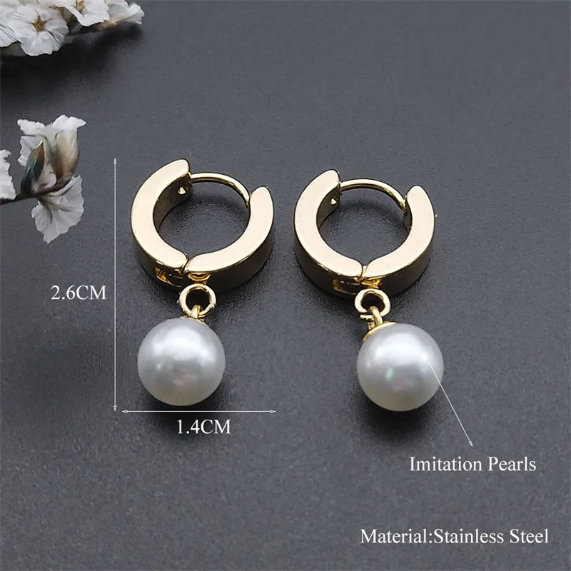 Pearl Studs Hoop Earrings Stainless Steel Minimalist Tiny Hoops Wedding Gift