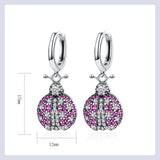 Pink Beetle 925 Sterling Silver Hoop Earrings Zircon Inlaid Stylish Fine Jewelry