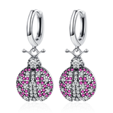 Pink Beetle 925 Sterling Silver Hoop Earrings Zircon Inlaid Stylish Fine Jewelry