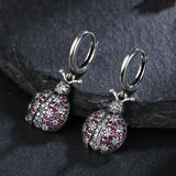 Pink Beetle 925 Sterling Silver Hoop Earrings Zircon Inlaid Stylish Fine Jewelry