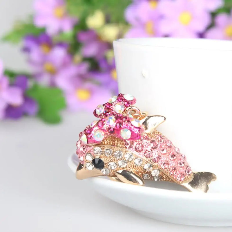 Pink Dolphin Bow Crystal Charm Purse Handbag Keychain